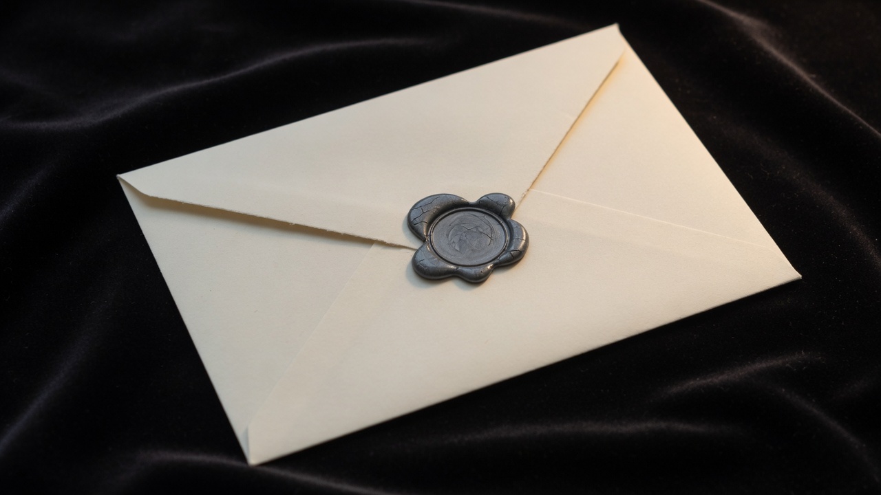 A sealed cream envelope resting on black velvet.